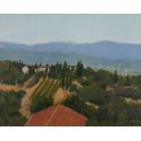 Trevor Geoghegan (b.1946) Blue Mountains (Perugia) Oil & acrylic on panel, 41 x 51cm (16 x 20)