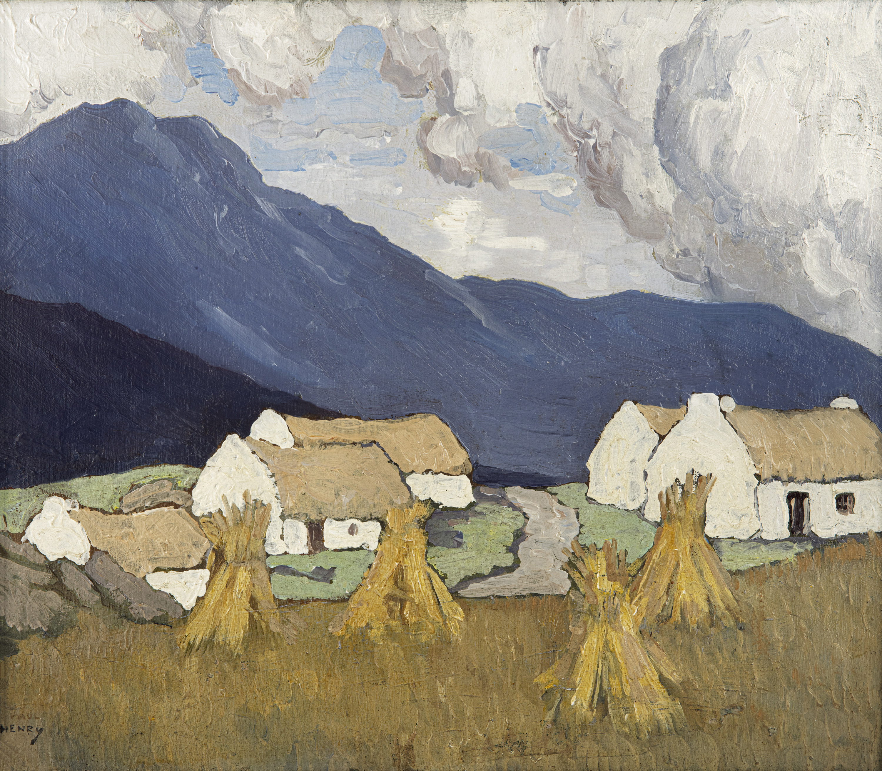 Paul Henry RHA (1877-1958) Hay Stooks with Cottages Oil on board, 32.4 x 37.5cm (12¾ x 14¾'') Signed