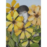Barry Castle (1935-2006) Oriental Woman and Sunflowers Watercolour, 76 x 56.5cm (30 x 22¼'')