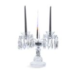 A 20TH CENTURY WATERFORD CRYSTAL TWIN LIGHT CANDELABRUM, with central faceted obelisk, flanked by