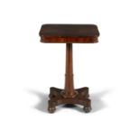 A WILLIAM IV ROSEWOOD OCCASIONAL TABLE, with plain rectangular top on a turned centre pillar and