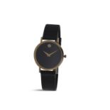 A WRISTWATCH BY MOVADO, of quartz movement, the round black dial with concave gilt disc at 12,