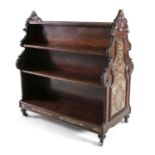 A VICTORIAN ROSEWOOD DOUBLE SIDED WATERFALL BOOKCASE, 19th century, with arched ends carved with