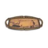 A FRENCH MARQUETRY AND BRONZE TWO HANDLED TRAY, possibly Gallé, c.1900, of oval form with cast
