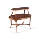 AN EDWARDIAN OVAL TWO-TIERED MAHOGANY AND SATINWOOD BANDED ÉTAGÈRE, on slender tapering legs,