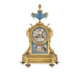 A 19TH CENTURY ORMOLU AND SÈVRES STYLE PORCELAIN MANTLE CLOCK, painted with vignettes of harbour