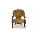 A VICTORIAN MAHOGANY FRAMED AND UPHOLSTERED OPEN ARM CHAIR