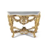 A 19TH CENTURY GILTWOOD, PLASTER AND GESSO SERPENTINE FRONT CONSOLE TABLE, with white marble top,