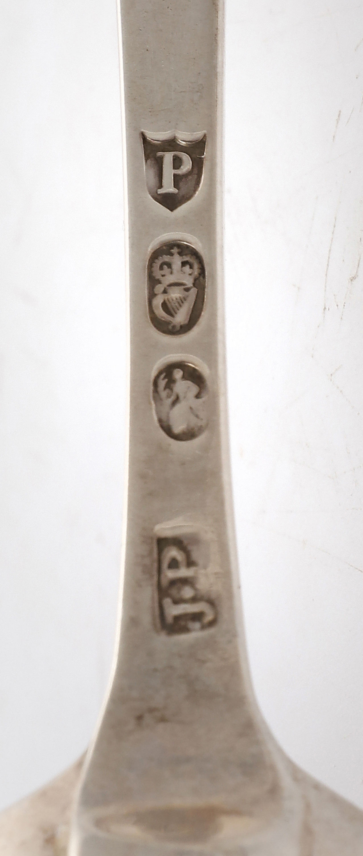 A MATCHED SET OF SEVEN IRISH GEORGIAN SILVER PLAIN TAPER HANDLED POINT-END SOUP SPOONS, all - Image 3 of 3