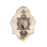 A FRENCH ONXY AND CHAMPLEVÉ ENAMEL HOLY WATER FONT, 19th century, of oval form, centred with a