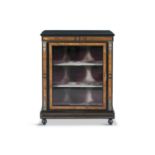 A VICTORIAN EBONISED AND WALNUT RECTANGULAR DISPLAY CABINET, with single glazed panel door, with