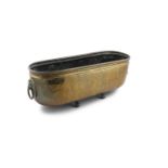 A VICTORIAN OVAL BRASS PLANTER, with twin ring handles and raised on paw feet. 30cm high, 79cm wide
