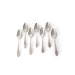 A MATCHED SET OF SEVEN IRISH GEORGIAN SILVER PLAIN TAPER HANDLED POINT-END SOUP SPOONS, all