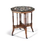 A MAHOGANY AND SPECIMEN MARBLE TABLE, late 19th century, of octagonal form, the top set with