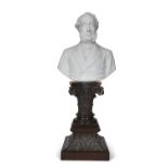 A VICTORIAN WHITE MARBLE PORTRAIT BUST OF A GENTLEMAN, half length, on a timber plinth, with