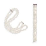 A CULTURED PEARL NECKLACE AND BRACELET, composed of a single row of round cultured pearls of white