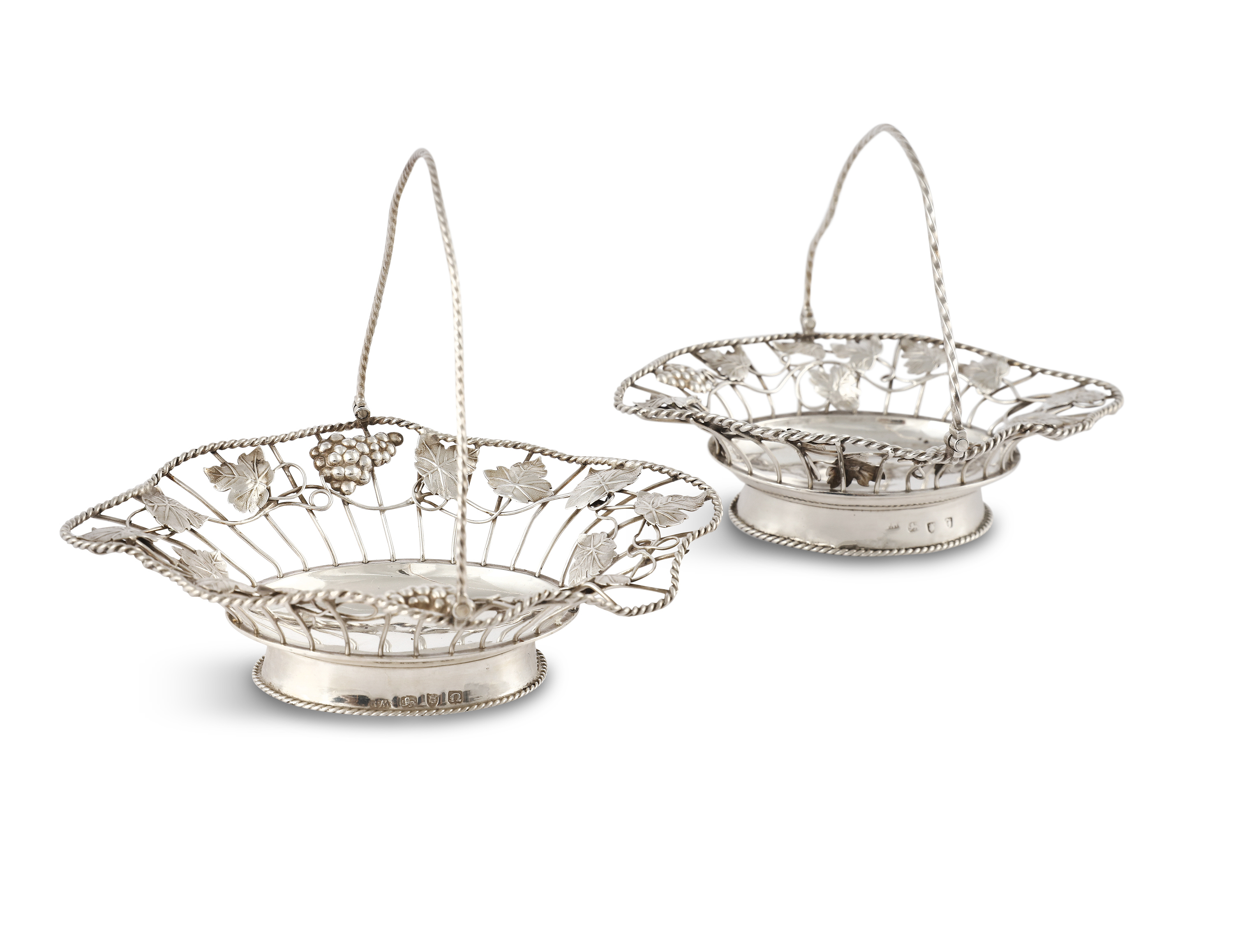 A PAIR OF GEORGE III WIREWORK SWEET MEAT BASKETS, London 1768 by William Pitts, each of oval form