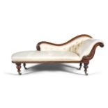 A VICTORIAN MAHOGANY FRAMED SINGLE SCROLL END CHAISE LONGUE, upholstered in cream damask, raised