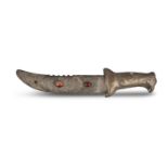 TWO INDIAN KUKRI; one in a white metal sheath with cabochon hardstone decoration; the other in a