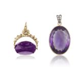 A SET OF AMETHYST AND GOLD PENDANTS, the oval mixed-cut amethyst within a gold collet-setting, to