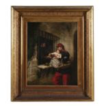 STYLE OF WILLIAM POWELL FRITH A soldier and child visiting a prisoner Oil on canvas, 60 x 48cms