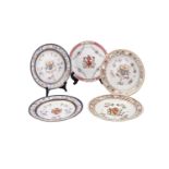 A COLLECTION OF FIVE 19TH CENTURY CHINESE EXPORT PORCELAIN ARMORIAL PLATES, each approx. 23cm