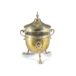 A NEOCLASSICAL STYLE CIRCULAR BRASS COAL BUCKET AND COVER, the cover with urn finial, the body