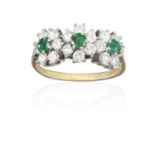 AN EMERALD AND DIAMOND DRESS RING, composed of three circular-cut emeralds, each within a surround