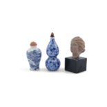 A COLLECTION including a Chinese porcelain blue and white gourd shaped snuff bottle with coral