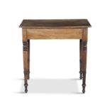 A 19TH CENTURY MAHOGANY RECTANGULAR SIDE TABLE, the plain top raised on ring turned tapering legs.