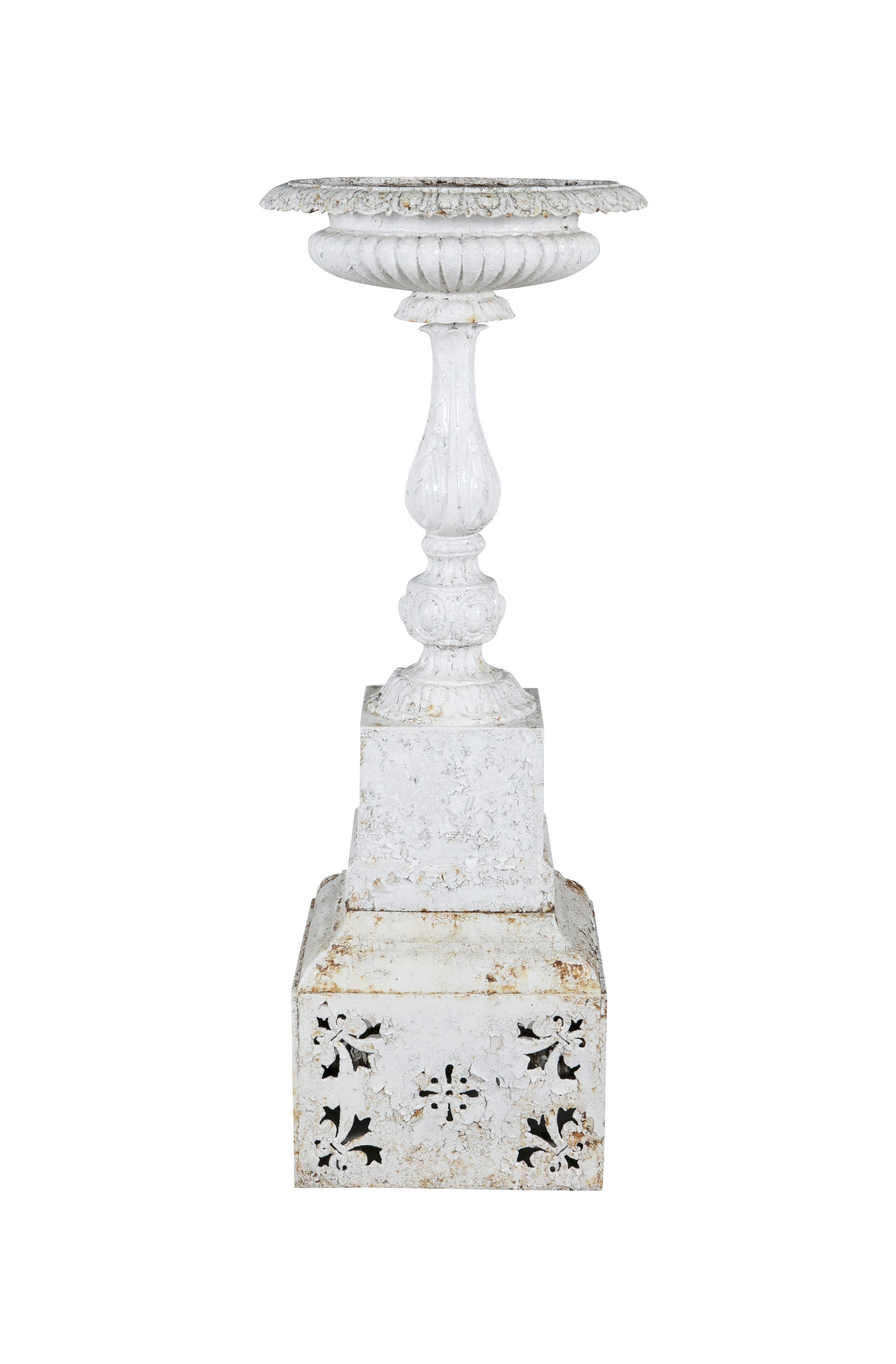 A VICTORIAN WHITE PAINTED CAST IRON SINGLE GARDEN URN, with tongue and dart rim above a compressed