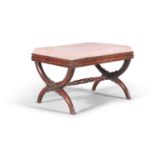A WILLIAM IV MAHOGANY X-FRAME STOOL, upholstered in pink silk damask. 38 cm x 58 cm x 42 cm