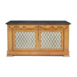 A GEORGE III STYLE INLAID SATINWOOD RECTANGULAR CABINET, the black marble top above a frieze