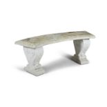 A CRESCENT SHAPED GARDEN SEAT ON DOUBLE SCROLL END SUPPORTS, 75 cm x 122 cm x 53 cm