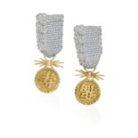 A GOLD SAFETY PIN, suspending two medals with Chinese inscriptions, mounted in 18K gold, Italian