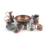 AN ASSORTED COLLECTION OF VICTORIAN COPPER POTS, PRESERVE PANS, EWERS ETC.