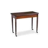A GEORGE IV MAHOGANY RECTANGULAR FOLDING TOP TEA TABLE, with reeded rims and raised on spiral turned