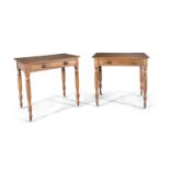 A PAIR OF VICTORIAN PALE MAHOGANY CHAMBER TABLES, each with single frieze drawer on turned