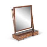 A LARGE EDWARDIAN INLAID MAHOGANY CRUTCH FRAME TOILET MIRROR, the rectangular glass plate raised