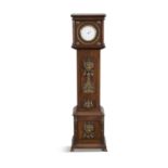 A MINIATURE MAHOGANY LONGCASE CLOCK, 19th century, the architectural pediment with four roundels