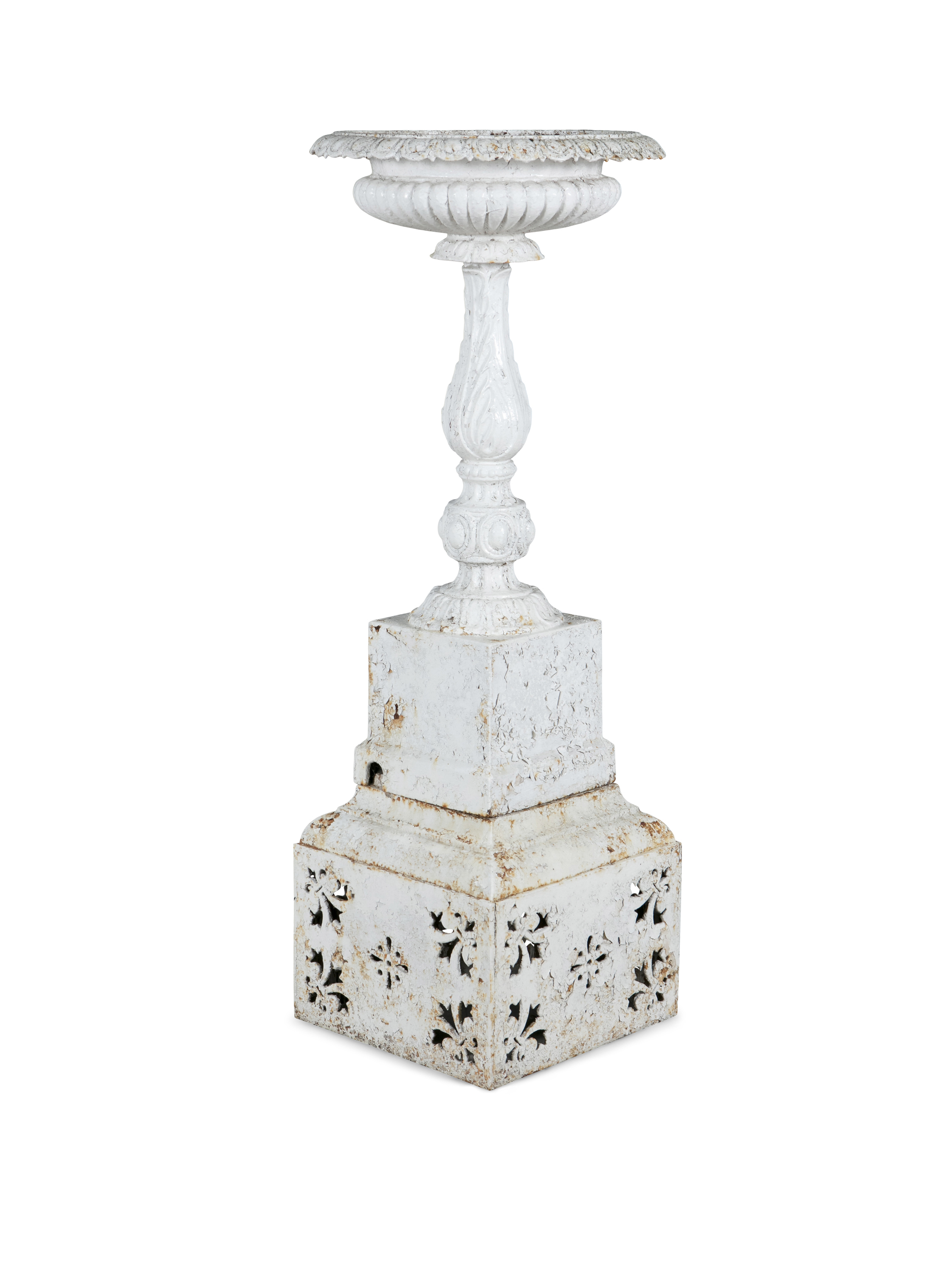 A VICTORIAN WHITE PAINTED CAST IRON SINGLE GARDEN URN, with tongue and dart rim above a compressed - Image 2 of 2