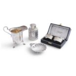 A COLLECTION OF SILVER ITEMS, comprising a Victorian silver cylindrical tea caddy, Birmingham c.