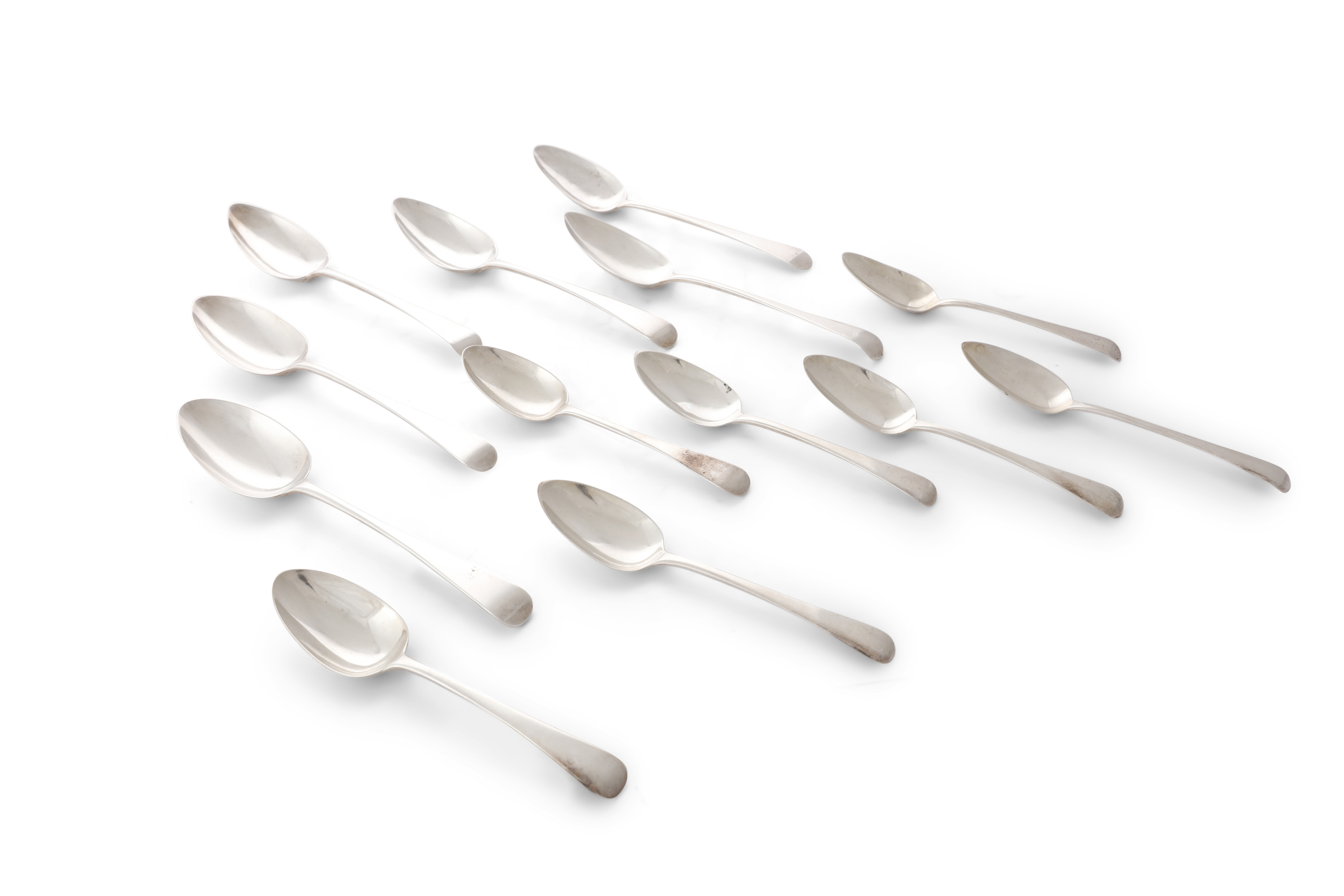 A MATCHED SET OF SIX GEORGE III OLD ENGLISH PATTERN SILVER TABLESPOONS, London mark varying dates