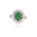 AN EMERALD AND DIAMOND CLUSTER RING, the oval-shaped emerald within a six-claw setting, to a