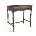 A GEORGE III MAHOGANY CHAMBER TABLE, with moulded panelled top, single frieze drawer on ring