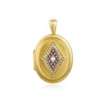 A 19TH CENTURY SEED PEARL AND BLUE ENAMEL PENDANT LOCKET, the gold pendant locket embellished with a