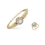 A PEARL AND DIAMOND BANGLE WITH RING EN SUITE, the bangle set with a central cultured pearl,