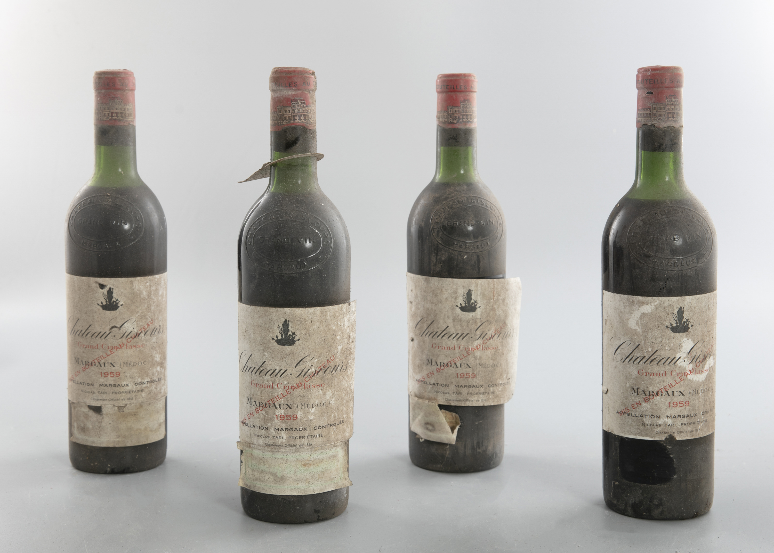 CHATEAUX GISCOURS Margaux 1959 Four bottles Worn label, fair capsules, high shoulder From the Cellar