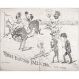 A CARICATURE PRINT OF TYRONE'S ELECTION RACES OF 1881, signed J.R.L. in the bottom right corner,