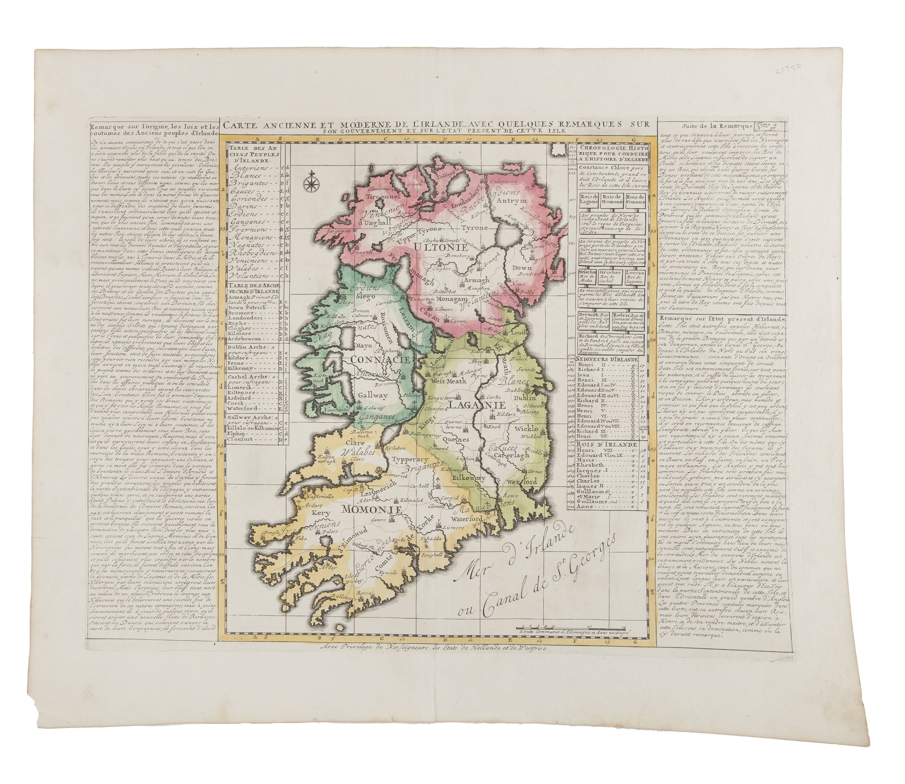 HENRI ABRAHAM CHATELAIN (1684-1743) Carte Ancienne et Modern De Irlande avec Quelques Remarques (